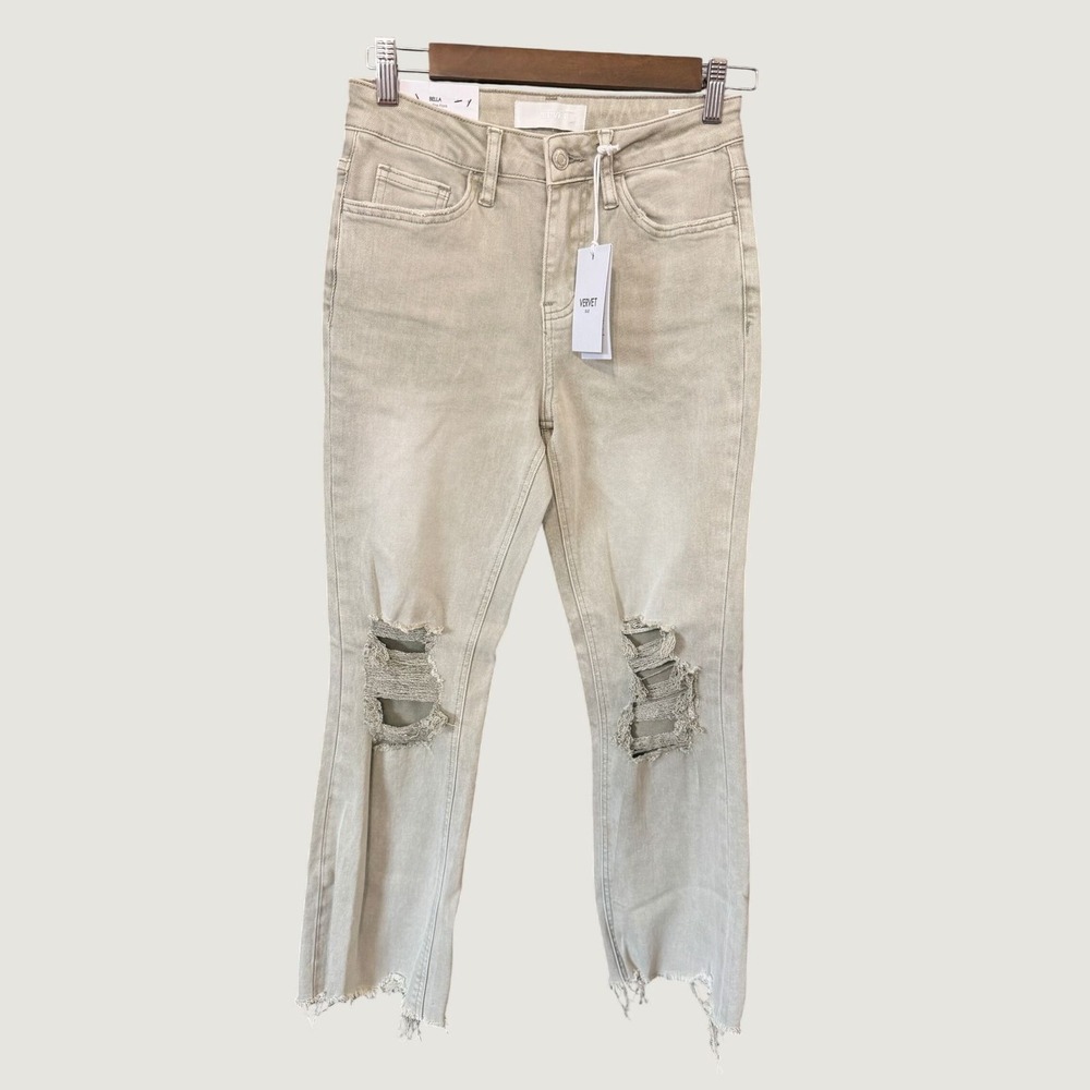 Vervet Bella High-Rise Flare Jeans Women 25 Light Olive Distressed Frayed Hem